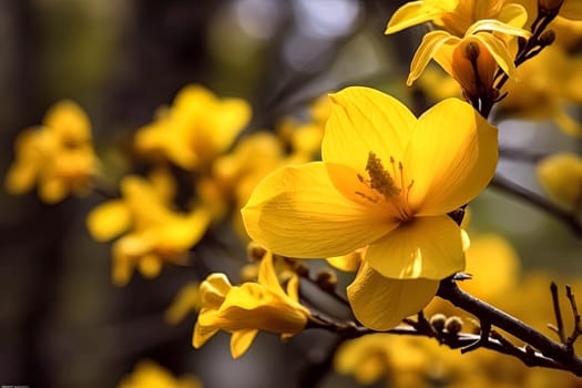 A yellow flower with a droplet of water on it. The flower is in a green field