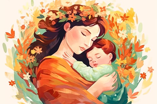 A woman is holding a baby in her arms. The baby is smiling and the woman is looking at the baby with a loving expression. Concept of warmth and affection between the mother and child