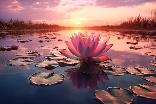 A beautiful pink flower is floating on the surface of a pond. The water is calm and the sky is a warm orange color. Concept of tranquility and peace