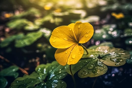 A yellow flower with a droplet of water on it. The flower is in a green field