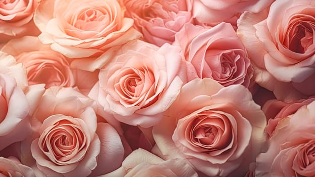 A bouquet of pink roses with dew drops on them. The roses are arranged in a way that they are overlapping each other, creating a sense of depth and dimension. Scene is one of beauty and elegance