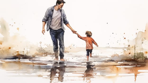 A man and a child are walking together. The man is holding the child's hand. Scene is warm and loving. happy father's day concept