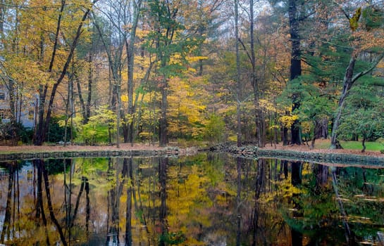 Fall colors have arrived along a river near Weston, Connecticut