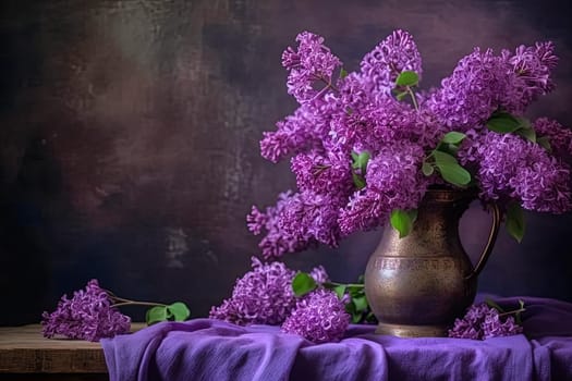 A vase of purple flowers sits on a table with a purple cloth. The scene is serene and calming, with the purple flowers adding a touch of color