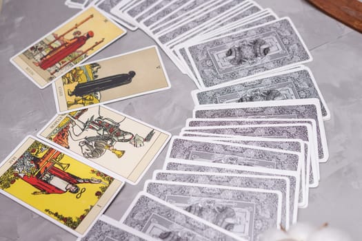 TVER, RUSSIA - FEBRUARY 18, 2024. Tarot cards, Tarot card divination, fortune telling. Occultism, esoteric education