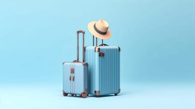 Two suitcases with a hat on top of them. The suitcase on the left is red and the one on the right is blue