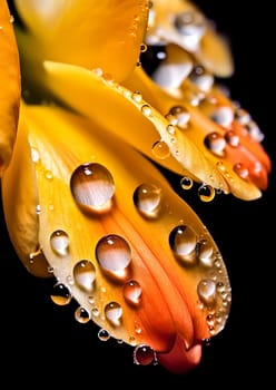 A close up of a flower with droplets of water on it. The droplets are small and scattered, giving the impression of a light rain. The flower is orange and has a delicate, almost ethereal quality to it