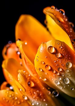 A close up of a flower with droplets of water on it. The droplets are small and scattered, giving the impression of a light rain. The flower is orange and has a delicate, almost ethereal quality to it