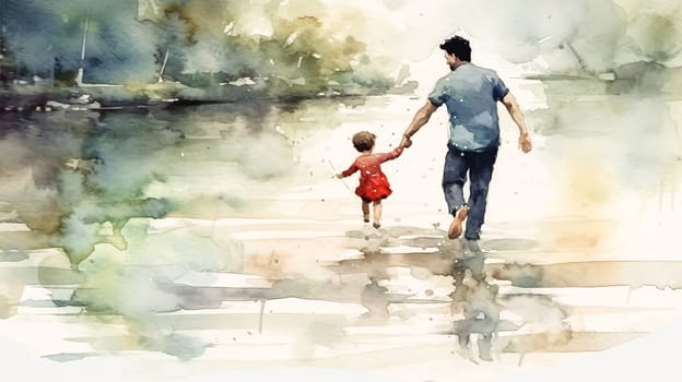 A man and a child are walking together. The man is holding the child's hand. Scene is warm and loving. happy father's day concept