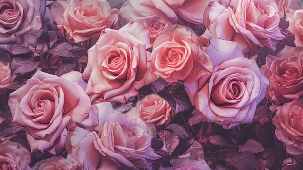 A bouquet of pink roses with a purple background. The roses are arranged in a way that they are overlapping each other, creating a sense of depth and dimension. Scene is one of beauty and elegance