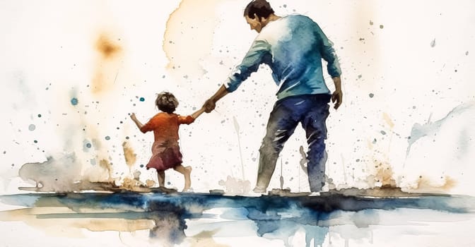 A man and a child are walking together. The man is holding the child's hand. Scene is warm and loving. happy father's day concept