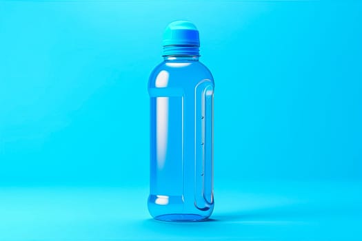 A transparent bottle featuring a blue cap rests against a blue backdrop, offering a simple yet striking visual contrast.