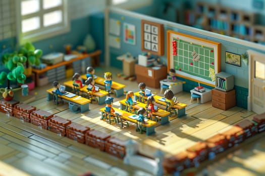 A detailed model showcasing a classroom setup complete with rows of desks and chairs arranged neatly for students.