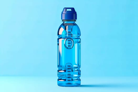 A transparent bottle featuring a blue cap rests against a blue backdrop, offering a simple yet striking visual contrast.