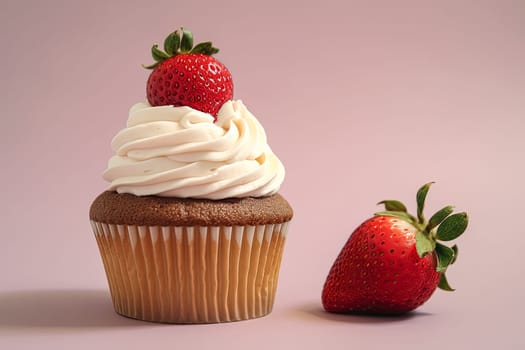 A strawberry and a cupcake are placed on a pink background. The cupcake is topped with frosting and has a strawberry on top. Concept of indulgence and sweetness, as the cupcake