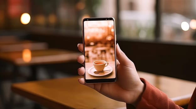 A person is holding a cell phone with a picture of a coffee cup on it. Concept of relaxation and enjoyment, as the person is likely to be sipping their coffee while looking at the photo