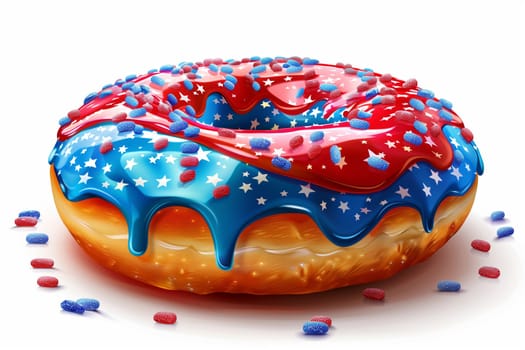 A donut covered in blue, red, and white sprinkles arranged in a decorative pattern.