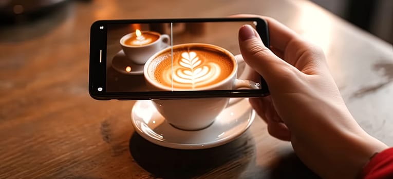 A person is holding a cell phone with a picture of a coffee cup on it. Concept of relaxation and enjoyment, as the person is likely to be sipping their coffee while looking at the photo