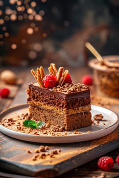 A slice of cake sits on a plate placed on a table, ready to be enjoyed.