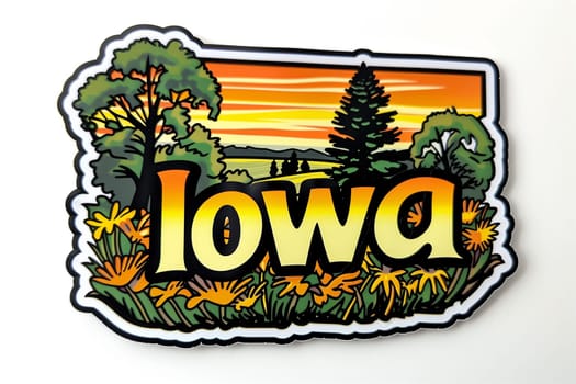 A sticker with the word Iowa on it, showcasing state pride and identity, placed on a visible surface.