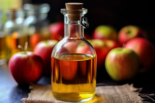 A bottle of apple cider sits on a table with several apples. The apples are arranged in a basket and are placed next to the bottle. Concept of warmth and comfort, as the apple cider