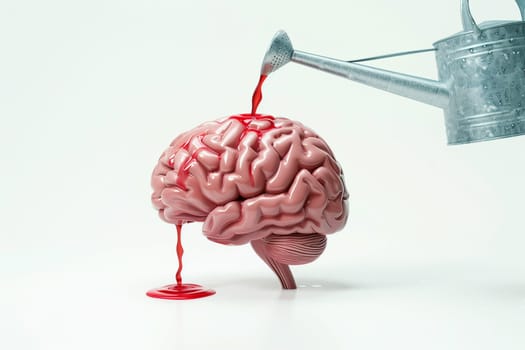 A human brain receiving water from a watering can, stimulating growth and development in a conceptual image.