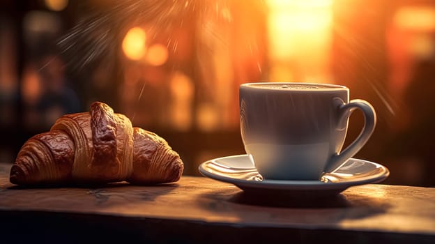 A white coffee cup sits on a white plate next to a croissant. The scene is set in a cafe, with the sun shining through the window. Concept of relaxation and enjoyment