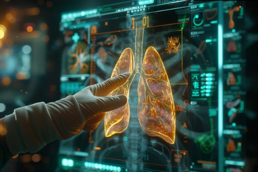 A hand reaches out to touch a computer screen showing a detailed image of a lung, emphasizing digital healthcare and medical technology.