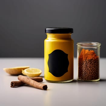 A jar of yellow mustard sits on a table next to a jar of spices. The mustard jar is black and has a label on it. The scene is simple