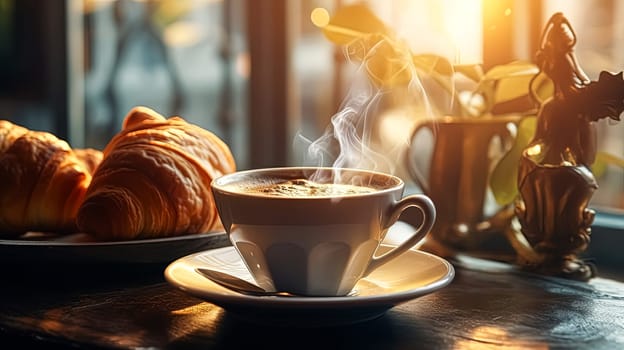 A white coffee cup sits on a white plate next to a croissant. The scene is set in a cafe, with the sun shining through the window. Concept of relaxation and enjoyment