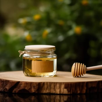 A jar of honey with a wooden spoon and a label on it