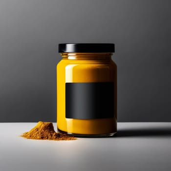 A jar of yellow mustard sits on a table next to a jar of spices. The mustard jar is black and has a label on it. The scene is simple