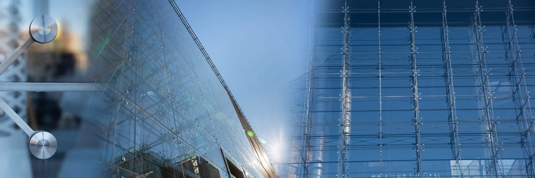 Glass facade with steel handles as a frame. Modern construction in Lublin. Transparent walls of the building.