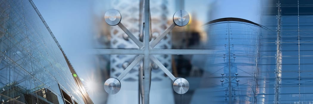 Glass facade with steel handles as a frame. Modern construction in Lublin. Transparent walls of the building.