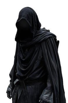 A male statue wearing a black robe with a hood and electric blue sleeves stands majestically against a white background, embodying a mix of art, fashion design, and monument aesthetics