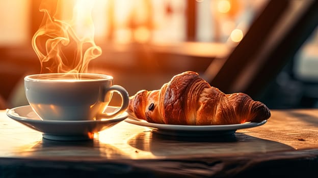 A white coffee cup sits on a white plate next to a croissant. The scene is set in a cafe, with the sun shining through the window. Concept of relaxation and enjoyment