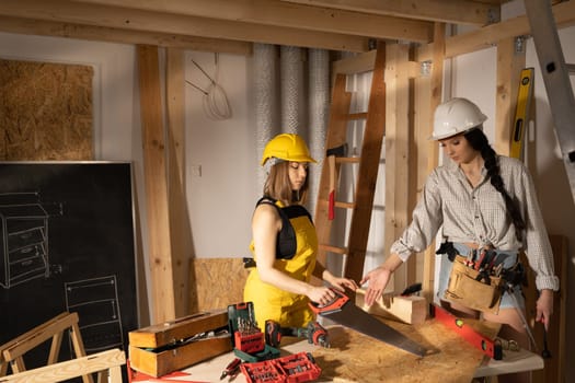 Young adult teens dressed with builder work clothes and personal protective equipment.