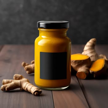 A jar of yellow mustard sits on a table next to a jar of spices. The mustard jar is black and has a label on it. The scene is simple