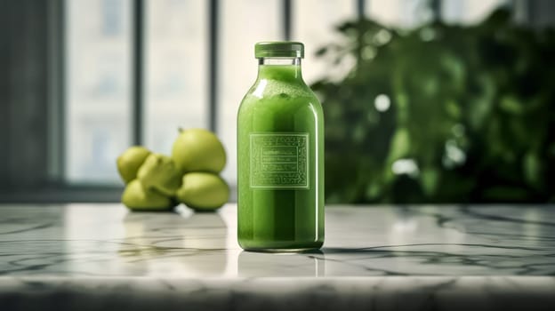 A bottle of green juice sits on a counter next to a bunch of green fruit. The scene conveys a healthy and refreshing atmosphere