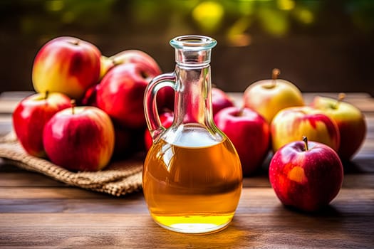 A bottle of apple cider sits on a table with several apples. The apples are arranged in a basket and are placed next to the bottle. Concept of warmth and comfort, as the apple cider