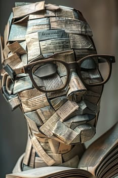 A woman created entirely out of books and glasses, standing in an artistic display of knowledge and vision.