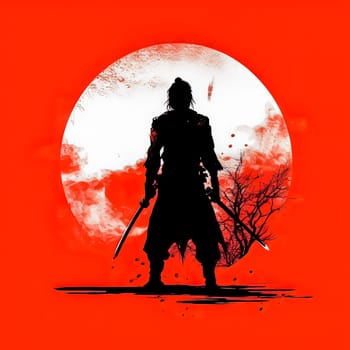 A man stands in front of a red moon. The man is holding a sword and he is a warrior. The image has a dark and mysterious mood, with the red moon and the man's silhouette creating a sense of danger