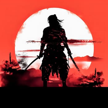 A man in black is holding a sword and standing in front of a red circle. The image has a dark and intense mood, with the red background and the man's menacing pose