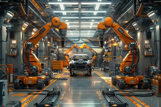 A car moving through a factory assembly line, surrounded by robotic arms performing various tasks in the manufacturing process.