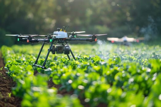 A small quadcopter hovers above a vast field of green lettuce, capturing footage for agricultural monitoring or aerial surveying purposes.