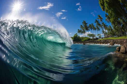 Powerful foamy swirling sea wave. Surfing wave.