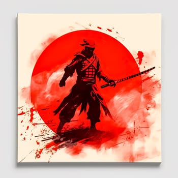 A man stands in front of a red moon. The man is holding a sword and he is a warrior. The image has a dark and mysterious mood, with the red moon and the man's silhouette creating a sense of danger