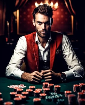 A man in a suit is sitting at a poker table with a green table cloth. He is wearing sunglasses and a watch