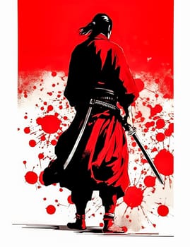 A man in a samurai costume holding a sword with red blood splatters around him. The image has a dark and violent mood, with the red splatters representing bloodshed