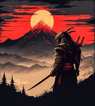 A samurai warrior stands on a mountain with a sword in hand. The image has a dark and moody atmosphere, with the red and orange colors of the sunset creating a sense of tension and danger